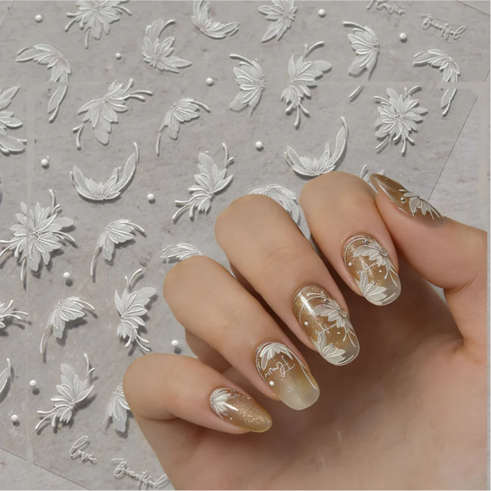 1Pcs 5D Embossed Japanese Style Dahlia Nail Art Stickers Fresh White Floral & Spot Nail Decals Adhesive Flower Nail Slider Decor