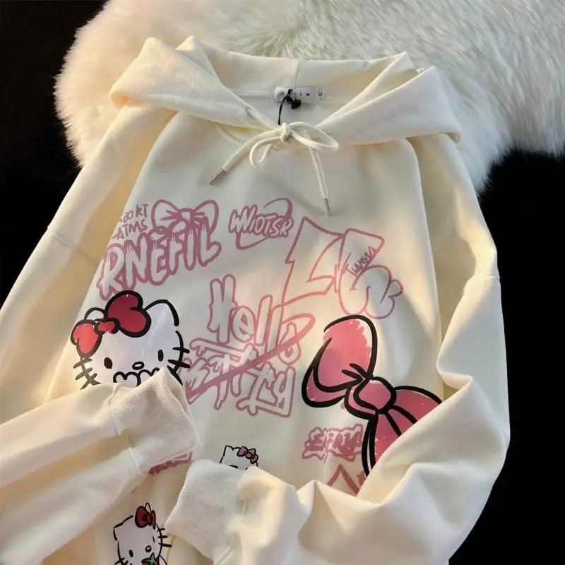 Sanrio Cute Cartoon Hello Kitty Print Hoodies Sweatshirts Anime Kawaii Couple Loose Casual Versatile Tops Coats Gift