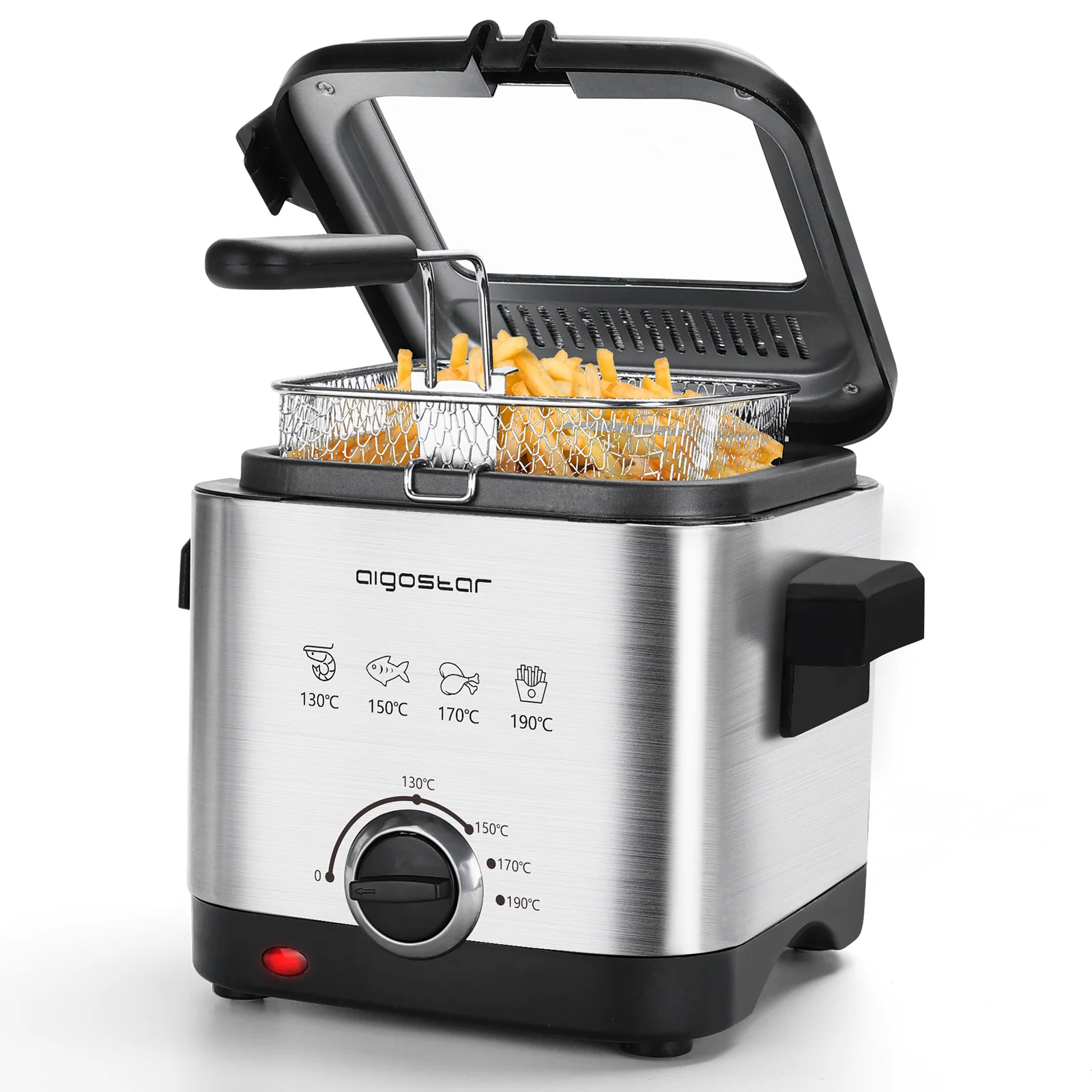 Acgostar Fries-compact fryer 100% BPA-free with large View window and temperature control. Stainless steel type 304. 900W, 1.5L capacity.