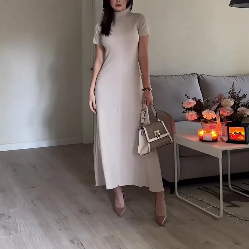 Spring Summer Fashiona Elastic Dress Set Muslim Women Elegant Solid Short Sleeve Long Dress Cardigan Two Piece Set Women