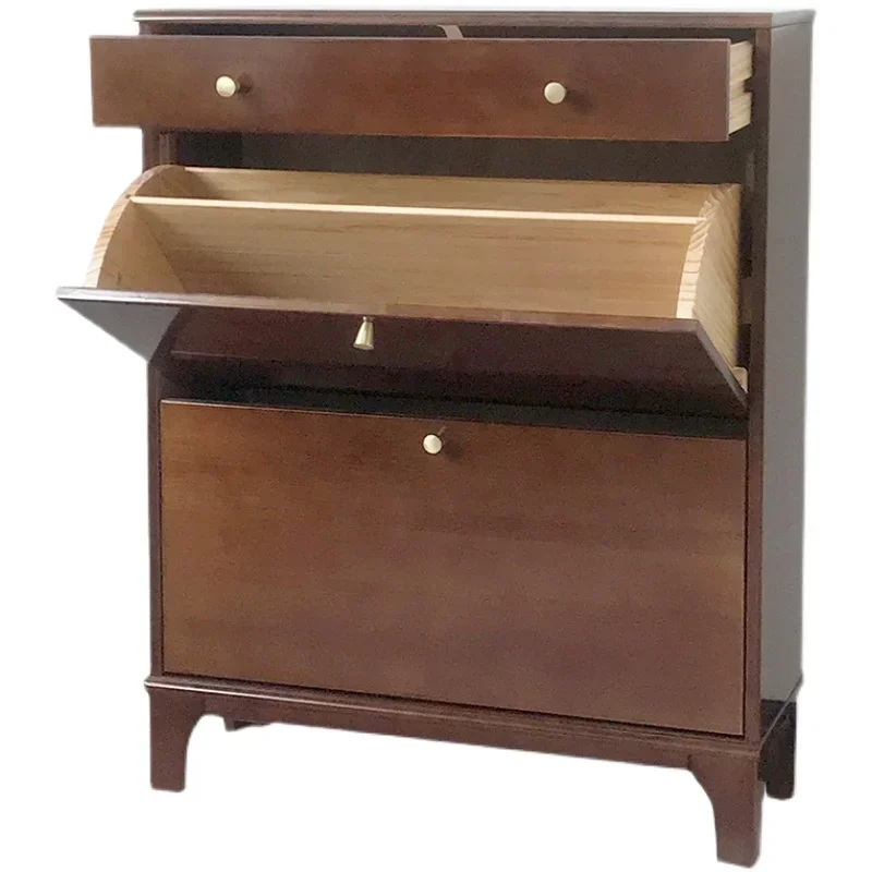 Log tipping bucket shoe cabinet, all solid wood, ultra-thin walnut color, home door storage cabinet