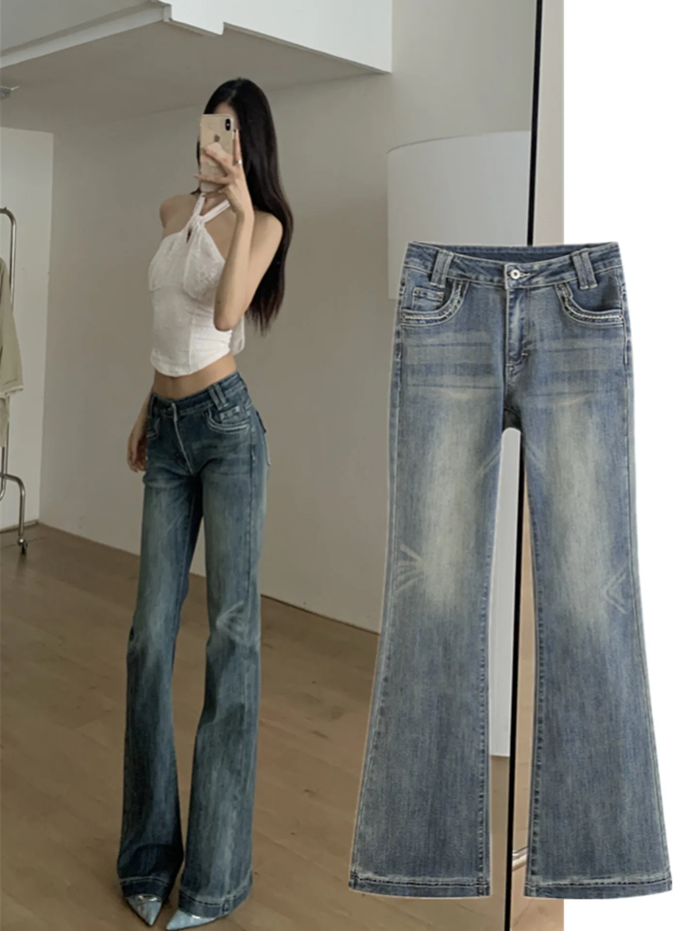 

Comfortable Fitted Retro American Sle Bell Bot Jeans Women's Distred Denim Long Pants High Waist Low Waist ket Detail