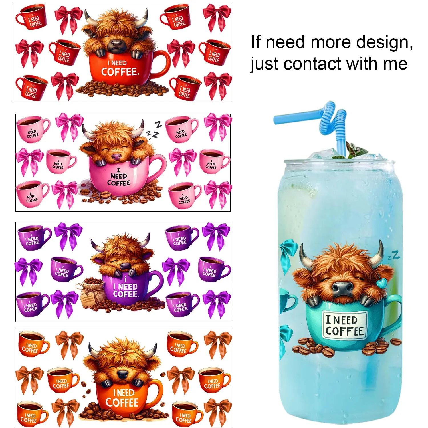 

Coffee Style Highland cattle waterproof Party DIY Decals 3D transfers uvdtf tumbler seal stickers 16oz uv dtf cup wraps