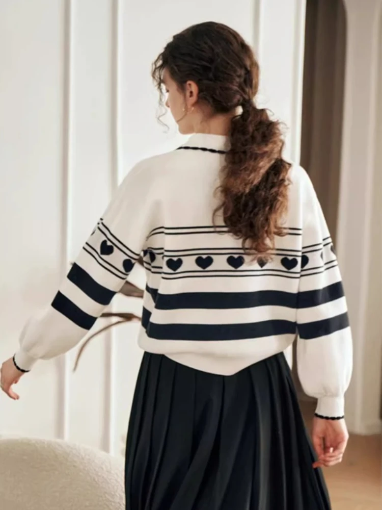 OLrain レディース ストライプ セーター 2025 秋の新作 ターンダウンカラー 長袖 ジャンパー カジュアル ルーズフィット プルオーバー O23DM69099