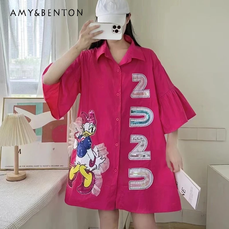 

Potdemiel New Shirt Women's Summer Sequined Cartoon Printed Mid-Length Blusas Loose Slimming Youthful-Looking Top Kawaii Clothes