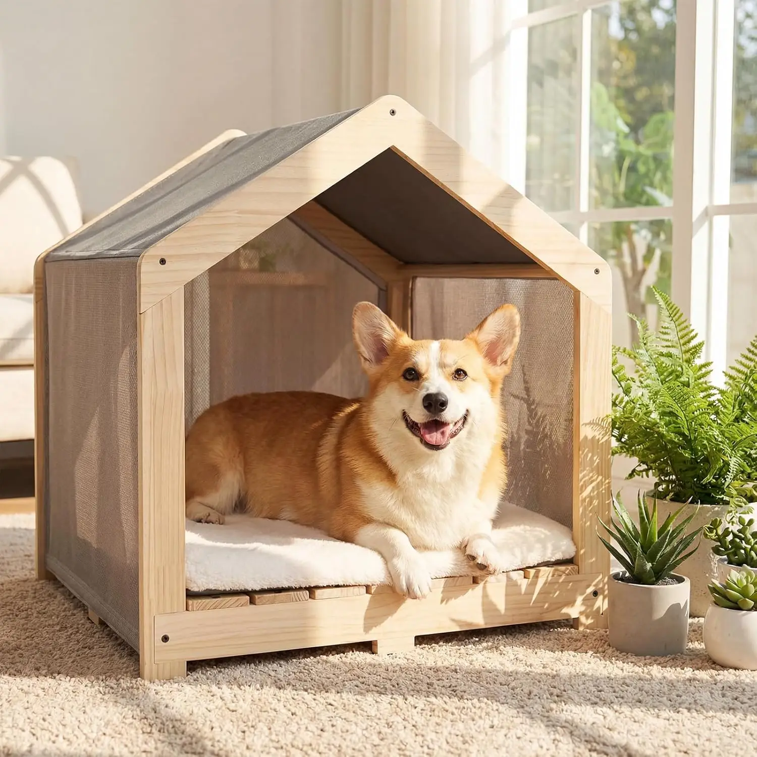 

Indoor Dog House, Solid Wood Dogs House Bed with Washable Removable Cover, Cozy Breathable Dog Houses Indoor for Small t