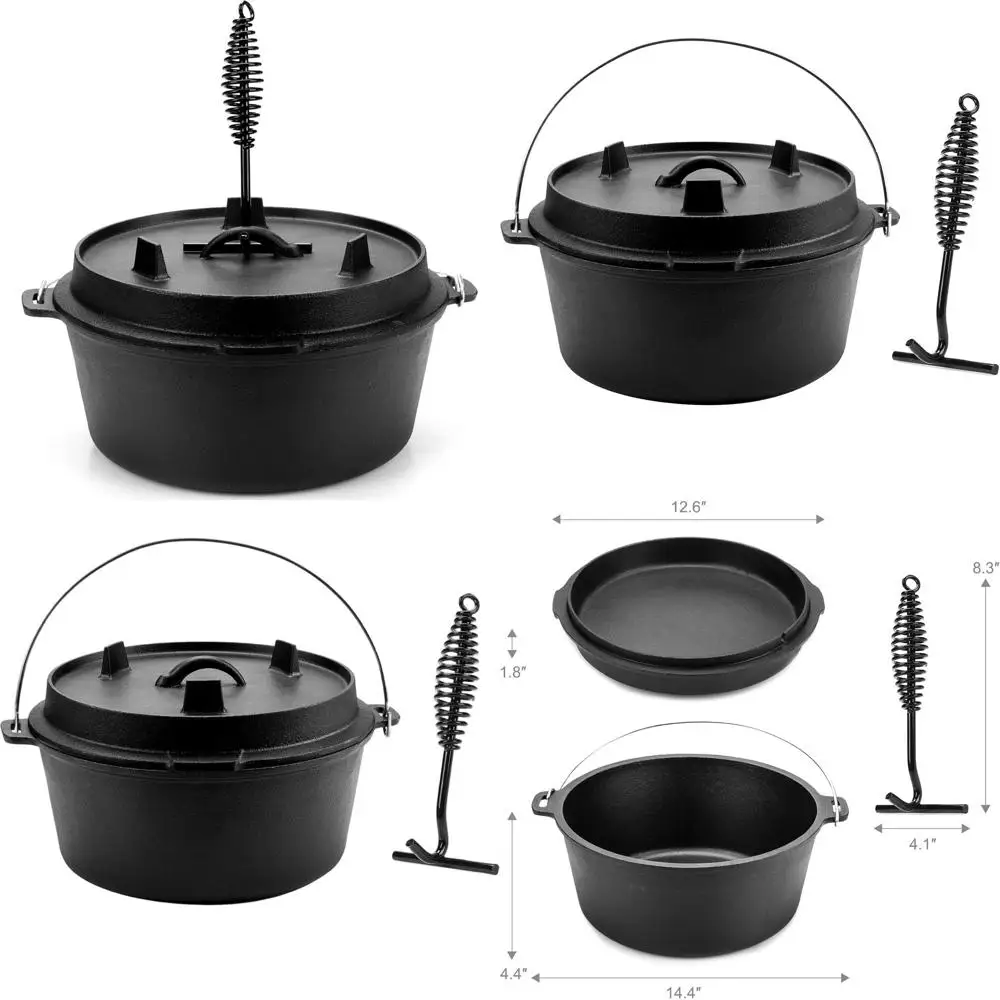 

9 Quart Seasoned Cast Iron Dutch Oven with Lid and Lid Lifter for Outdoor Cooking, Camping, Fireplace, BBQ, and Baking