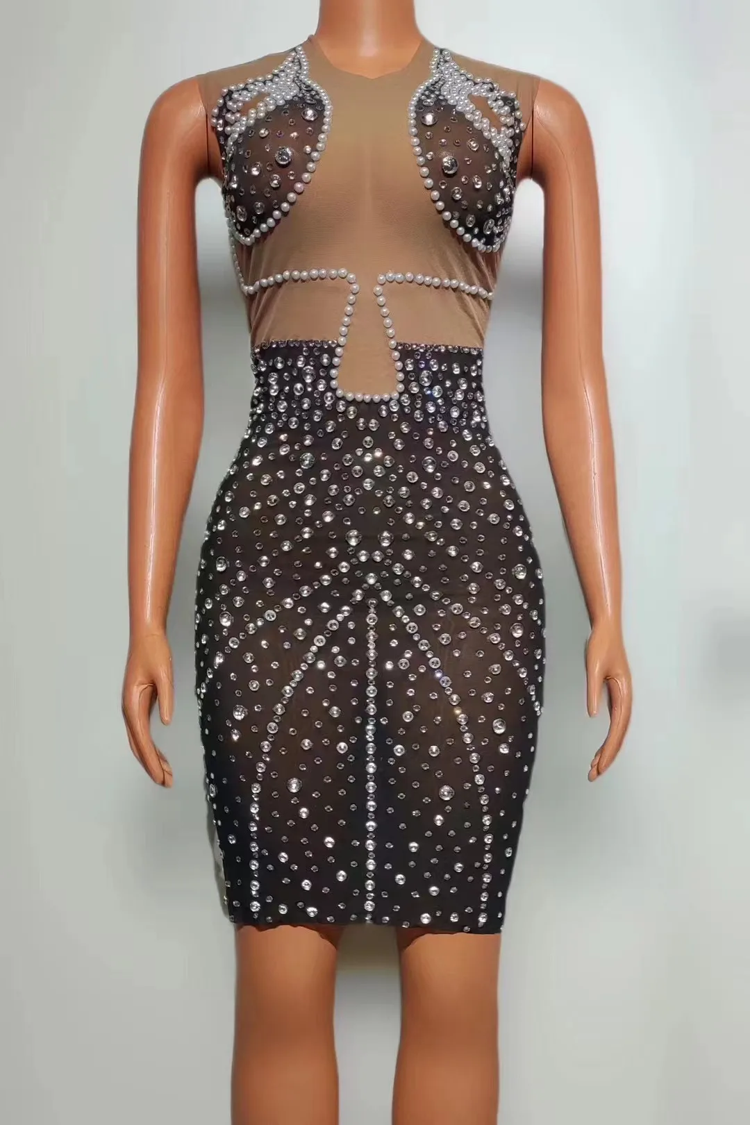 

Sleeveless Mesh See Through Short Dress For Women 2024 Beaded Rhinestone Dressy Drag Queen Costume Singer Dancer Nightclub Wear