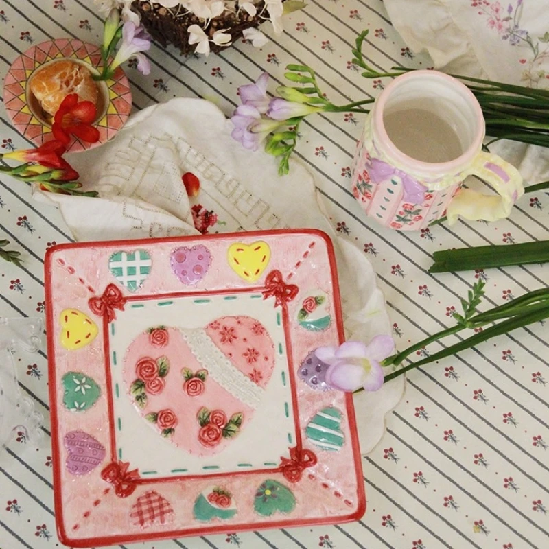 

Керамическая тарелка в романтическом стиле кантри, милая винтажная тарелка для чаепития, безопасная в духовке сердце, лоскутная десертная тарелка, красочный фарфоровый подарок