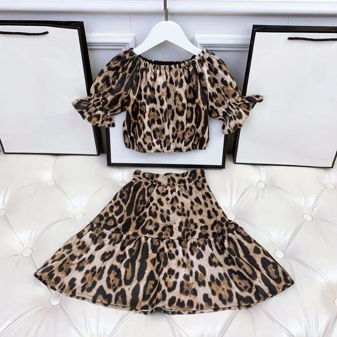 

2024 New summer girl clothing set leopard top skirt 2set high end children clothing kids set