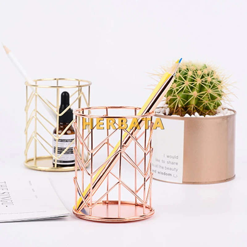 Rose Gold Hollow Pen Pencil Holder Multifunction Iron Pen Pencil Organizer Makeup Brushes Storage Desk Stationery Decor CL-2517