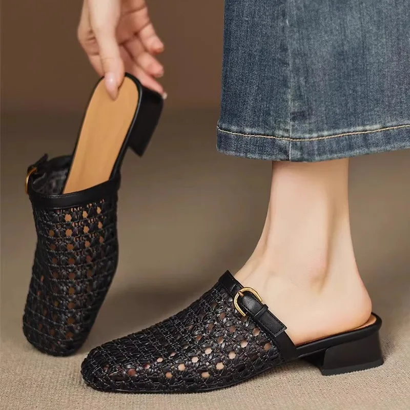 French Retro Fashion Woven Breathable Hollow Women's Slippers Bag Head Half Drag Summer Wear Low-heeled Casual Mesh Muller Shoes