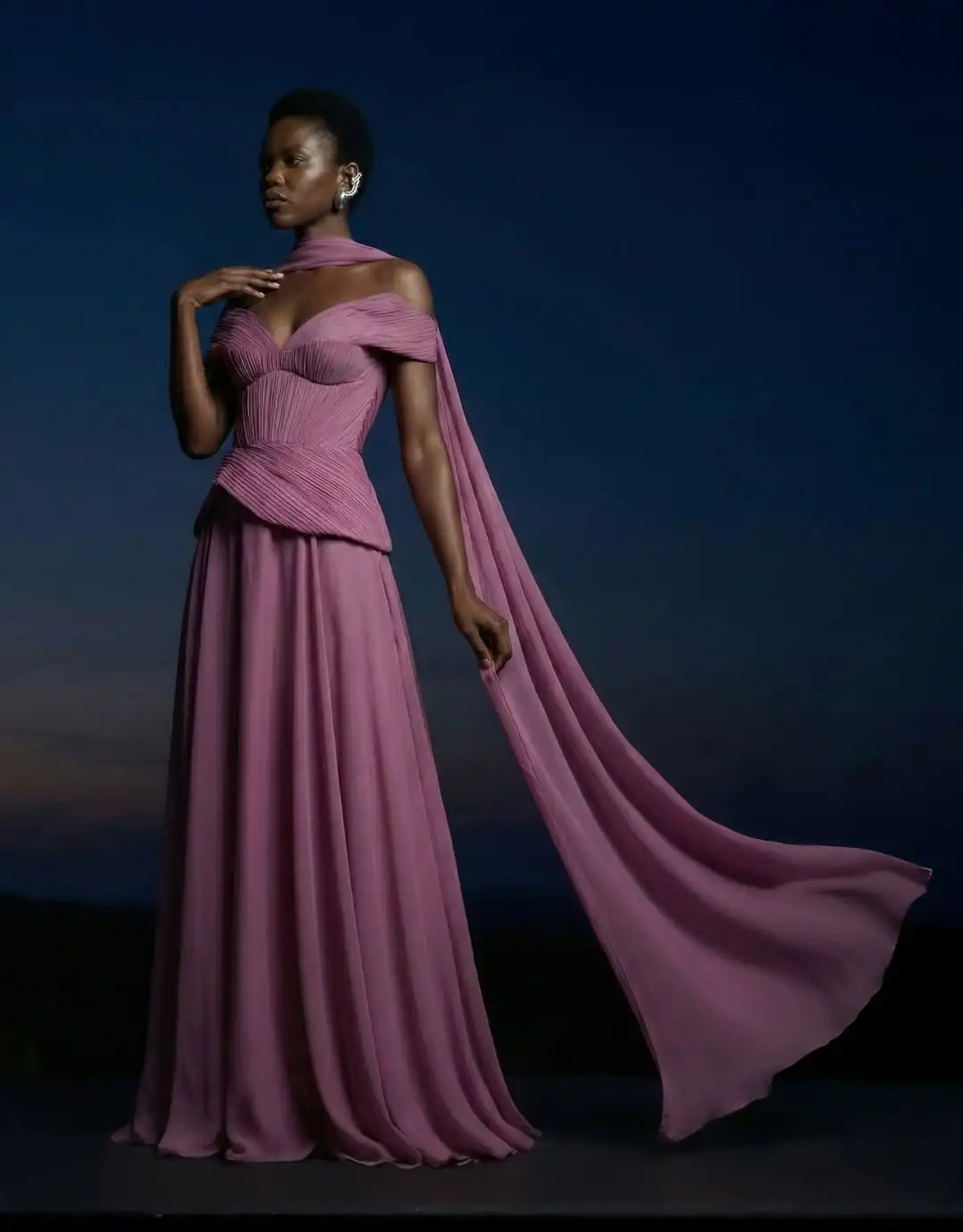 Ofherown elegante vestido de noche malva con hombros descubiertos y bufanda, corsé de gasa fruncido, vestido de fiesta Formal personalizable