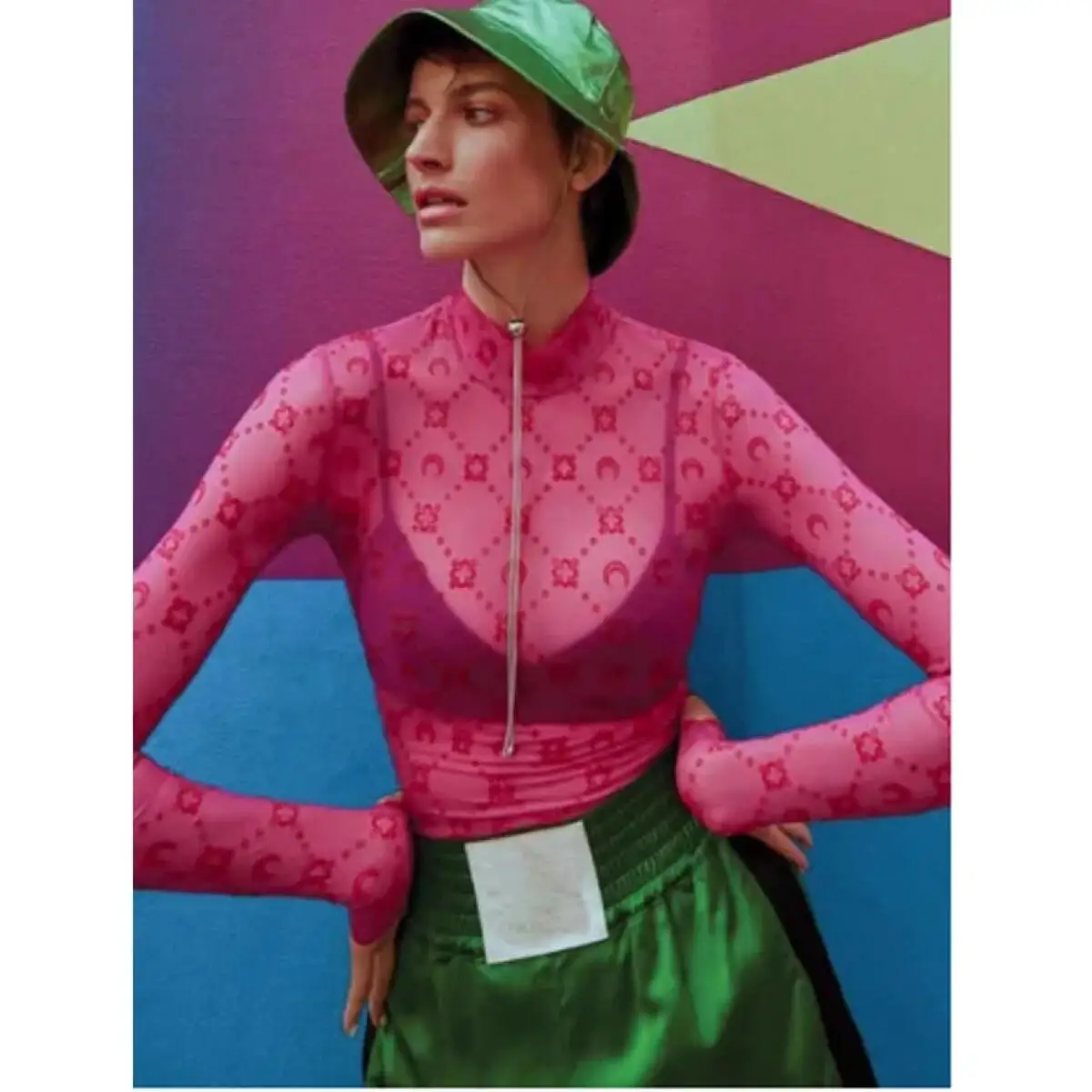 Sexy Top Women Long Sleeve Korean Sweet Spicy Hollow Out Mesh Plush Moon Print Perspective Design Mushroom Edge Tight Tshirt