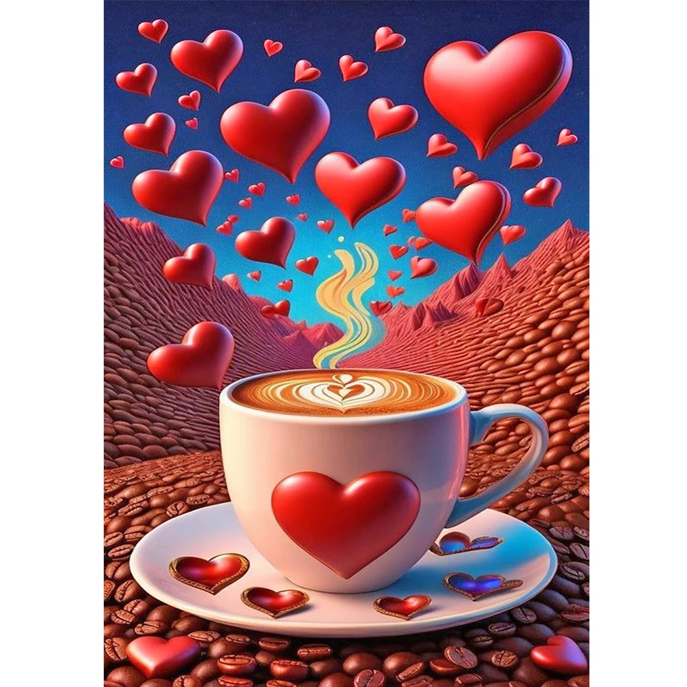 

DIY алмазная роспись в форме сердца узор кофейной чашки, полный бриллиант круглый алмаз вышитый настенное украшение подарок ручной работы