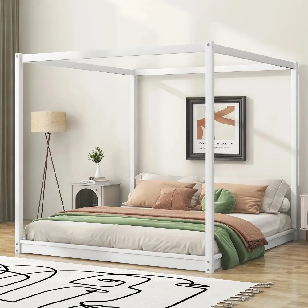 Cama moderna con plataforma de suelo con dosel tamaño King, marco de cama  con dosel de 4 postes de madera maciza para niños, adolescentes y adultos /  Muebles para niños, image size:1000x1000