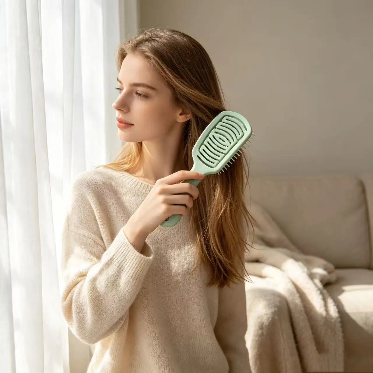 A hollow, smooth-textured hairbrush designed specifically for a comfortable hair-combing experience.
