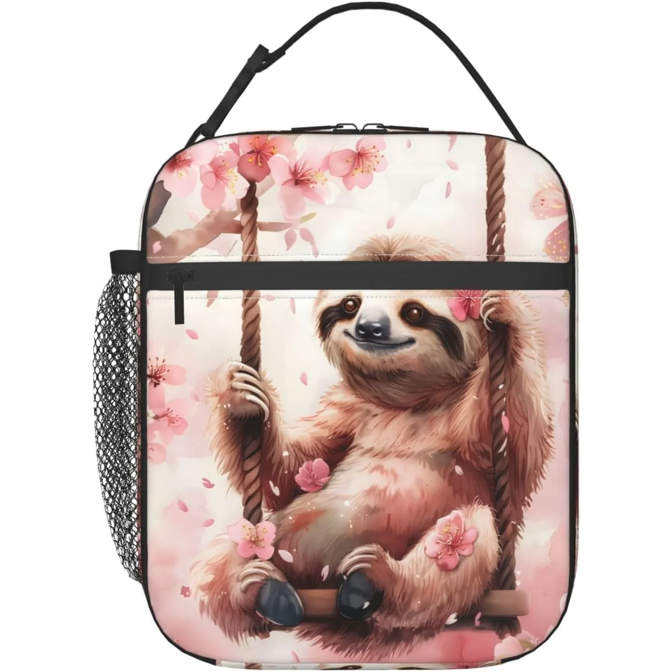 Cute Sloth Swinging Lunch Box for Women Adults Kids, Insulated Cooler Polyester Cherry Blossom Lunch Bag