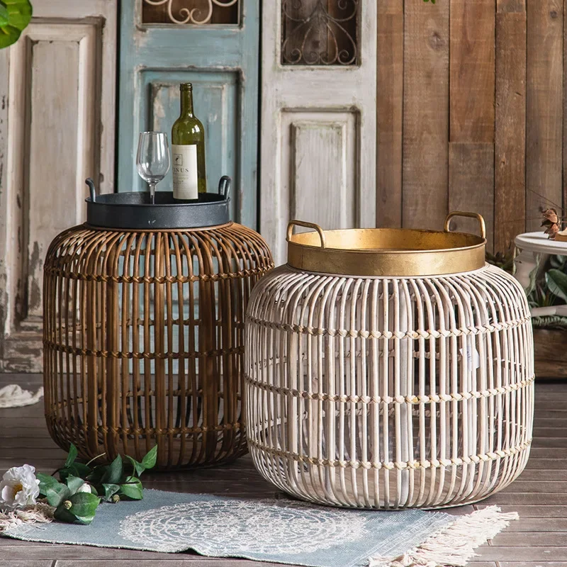 

Vintage Round Rattan Coffee Table American Country Sofa Side Table B&B Living Room Corner Table Creative Decorative Furnishings