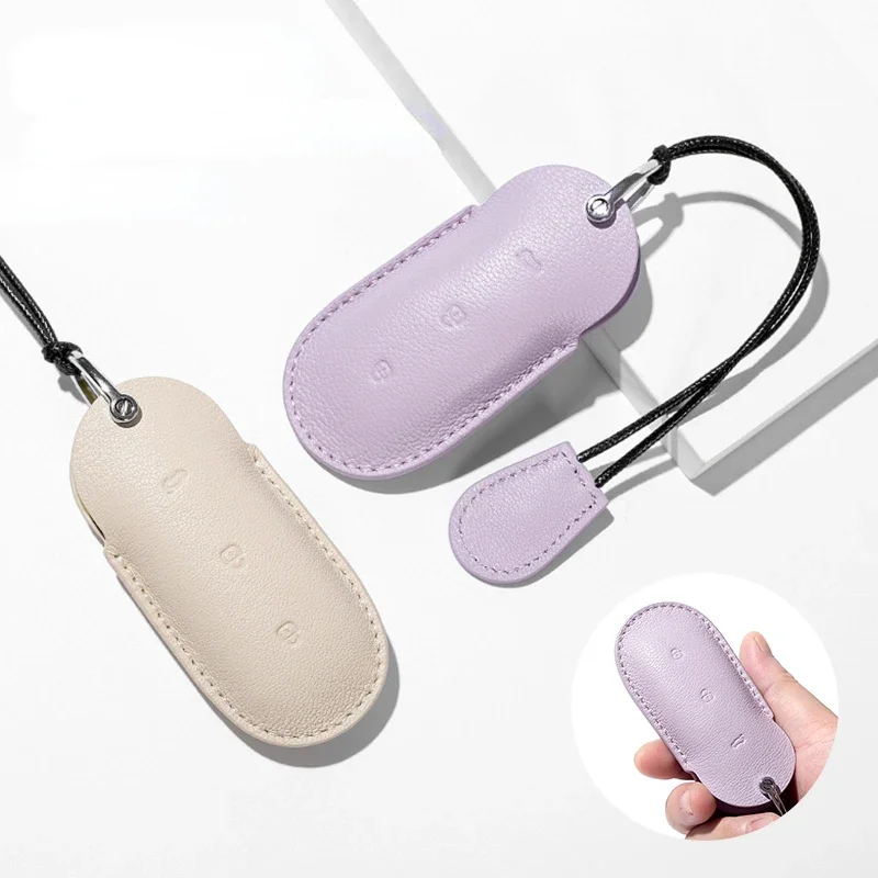 For Li L7 L8 L9 2022  2023  Off White + Taro Purple Goat Skin Leather Car Remote Key Case Cover Keychain Accesorios