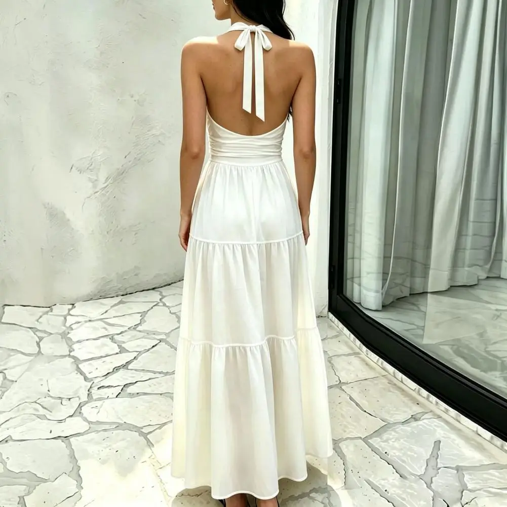 

Solid Color Casual Slim Long Dresses Women's Sleeveless Halter Maxi Dress Crisscross Ruched Backless Tiered A-line Swing Dress F