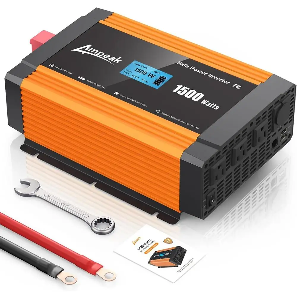 1500W Power Inverter 6.2A Dual USB Ports 3AC Outlets Inverter DC 12V to AC 110V Cigarette Lighter Port 17 Protections Outdoor