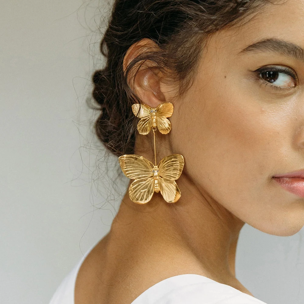 

Individual Butterfly Insect Stainless Steel Earrings 18K Gold Color Waterproof Earring Elegant Dangling Charm Jewelry for Women