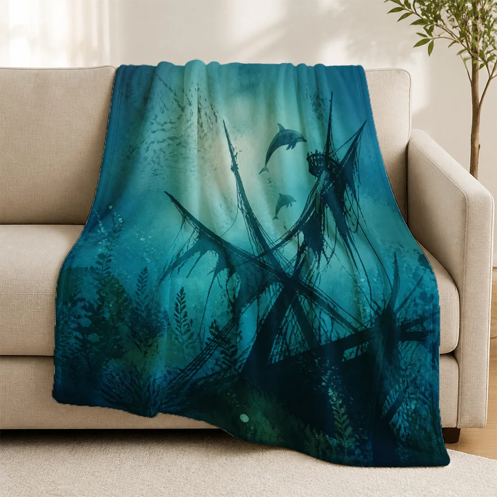 Deep Sea Dolphin Ocean Print Throw Blanket Coastal Aesthetic Home Decor Sofa Couch Throw Lap Blanket Cozy Blue Living Room Gift