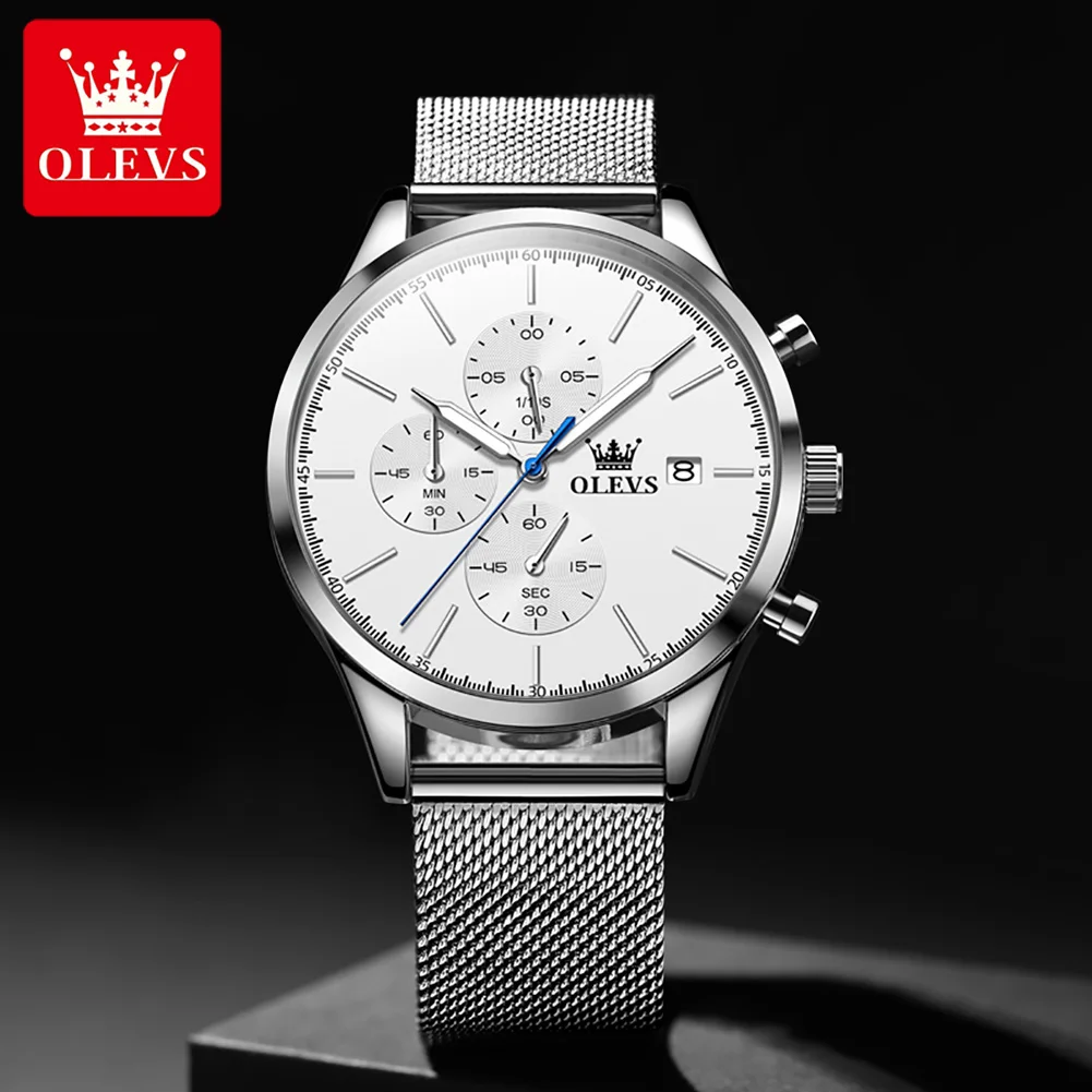 OLEVS-reloj analógico de acero inoxidable para hombre, nuevo accesorio de pulsera de cuarzo resistente al agua con cronógrafo, complemento Masculino de marca de lujo con diseño moderno, Incluye correa de malla y calendario