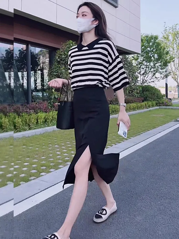 

Fashionable Half-length Skirt with Side Slit Slimming Suit Style Women's Summer Fashion Set Polyester Fiber High Waist Midi S...