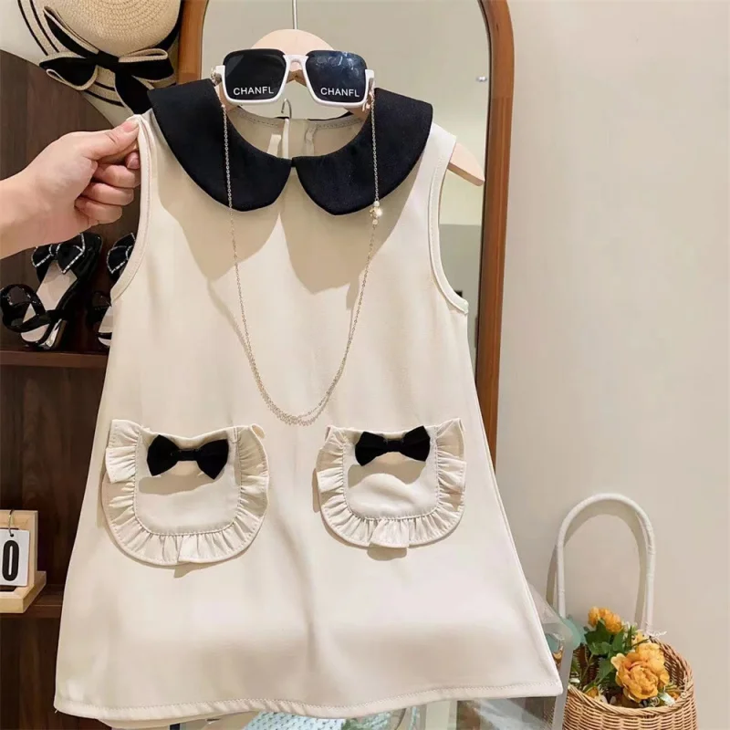 

2024New Girls' Sleeveless Simple Dress Summer Coat Loose Children Vest Dress Generation Hair