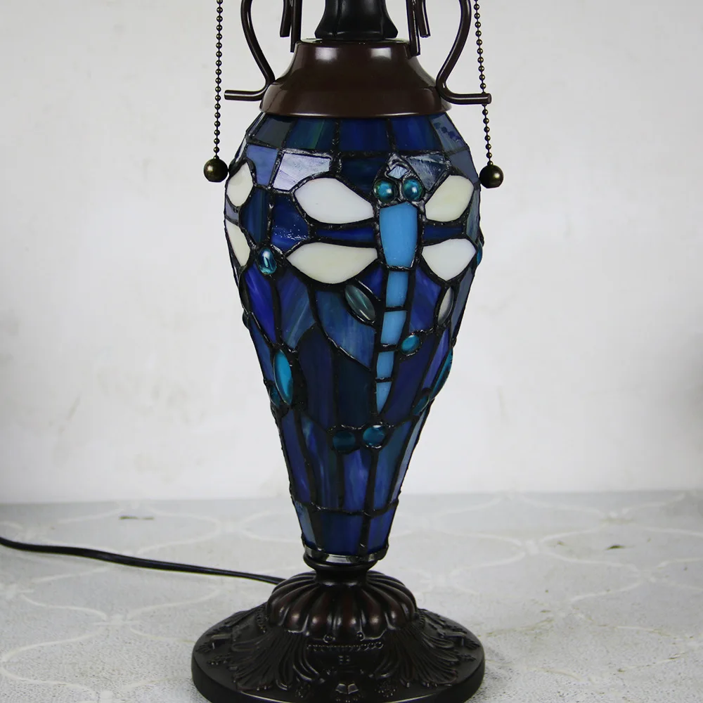 16inch 40cm Tiffany-style Stained Glass Blue Dragonfly Lampshade Table Light Desk Lamp with Lighted Base Sofa Corner Decor