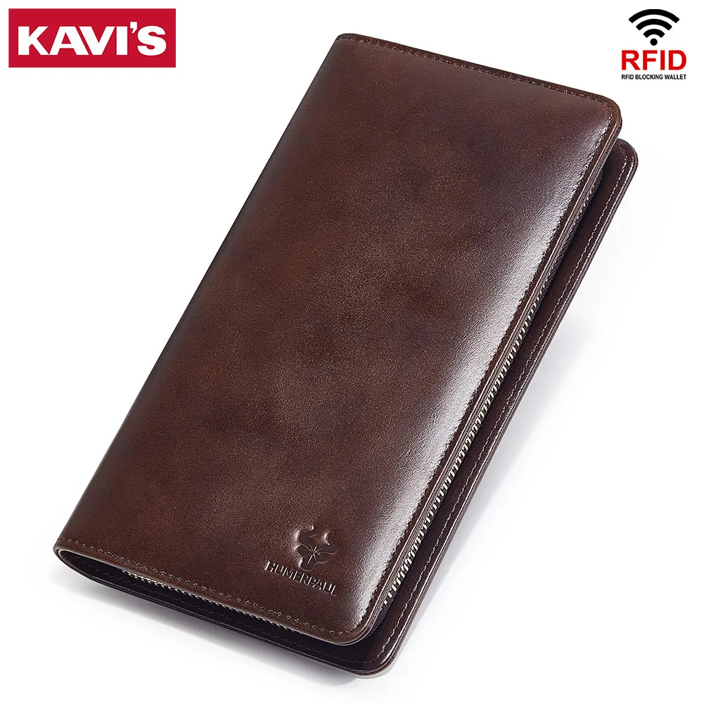 KAVIS biznesowy portfel z prawdziwej skóry o dużej pojemności męska kopertówka wielofunkcyjne etui na karty Retro portmonetka RFID
