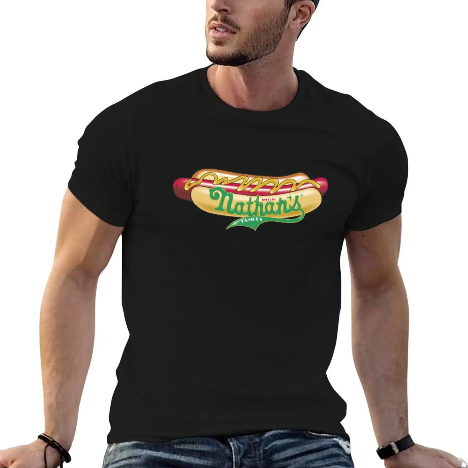 

Famous For Men Gift man Distressed Logo and pack For Fans Hotdogs Gift T-Shirt for cotton t Women, Nathan shirts