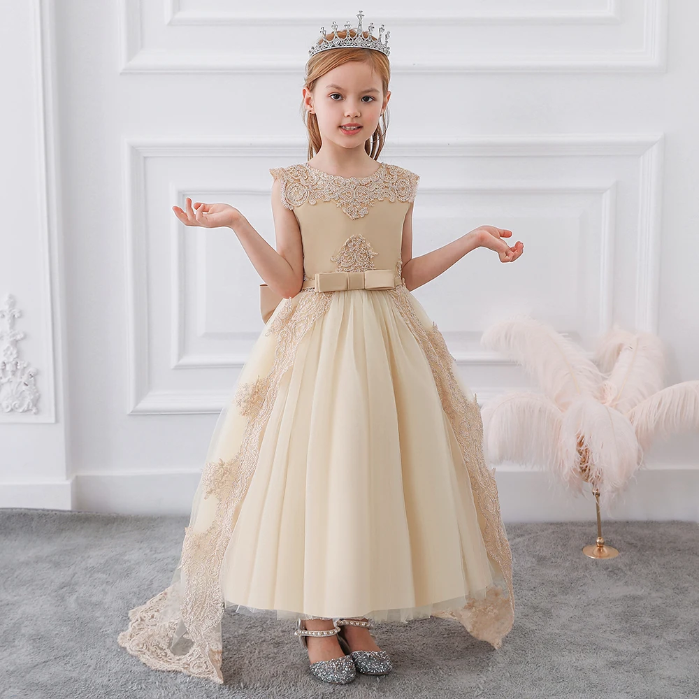 White Bridesmaid Dresses For Girls Kids Wedding Evening Gown Lace Bow Flower Girl Birthday Party Dress Children Prom Clothes