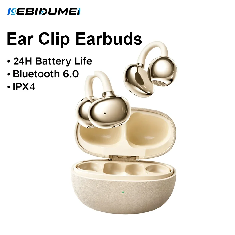 KEBIDUMEI Écouteurs sans fil à oreille libre Bluetooth 6.0 avec micro, appels clairs, écouteurs à clip d'oreille, casques de sport, autonomie 24H