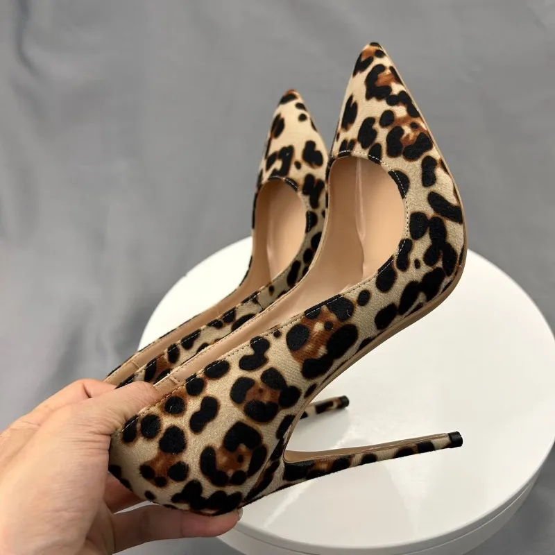 Tikicup Women Leopard Sexy Pointy Toe High Heel Shoes Ladies Slip On Designer Stiletto Pumps 8cm 10cm 12cm Plus Size 33-46