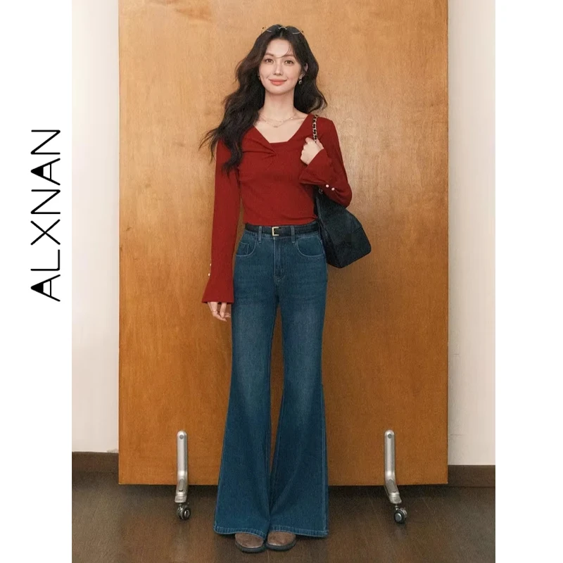 

ALXNAN женские красные пуловеры больших размеров с бантом и жемчугом, запонки с расклешенными рукавами, свитера, осенний винтажный трикотаж с длинными рукавами D12535-3