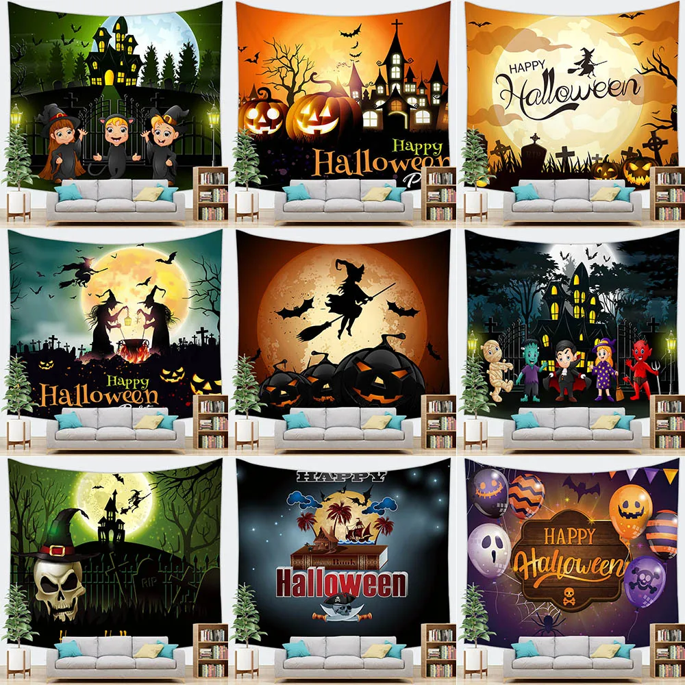 Horror Pumpkin Witch Halloween Series Printed Tapestry Home Living Room Bedroom Wall Decoration Background Fabric 