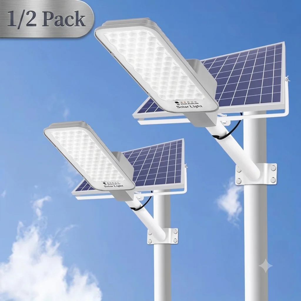 Lampione Solare da Esterno 1/2 Pacchetto 128 LED - 1000W, Alimentato a Batteria 6000mAh, Automatico dal Tramonto all'Alba per Giardino e Vialetto