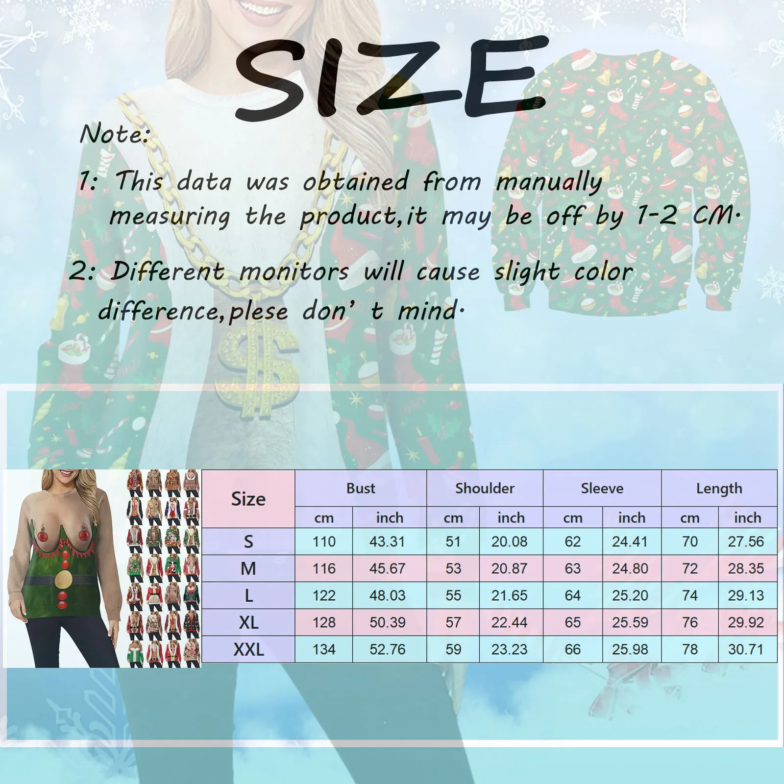 Muscle Chest Hair Print Women Christmas Ugly Sweater Tops 2024 Funny Xmas Outerwears Clothes Autumn Warm Long Sleeve Sweatshirt