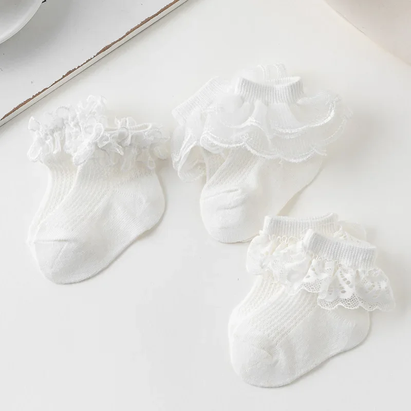 Chaussettes en dentelle blanche pour nouveau-né, en coton, pour baptême, garçons et filles de 0 à 2 ans