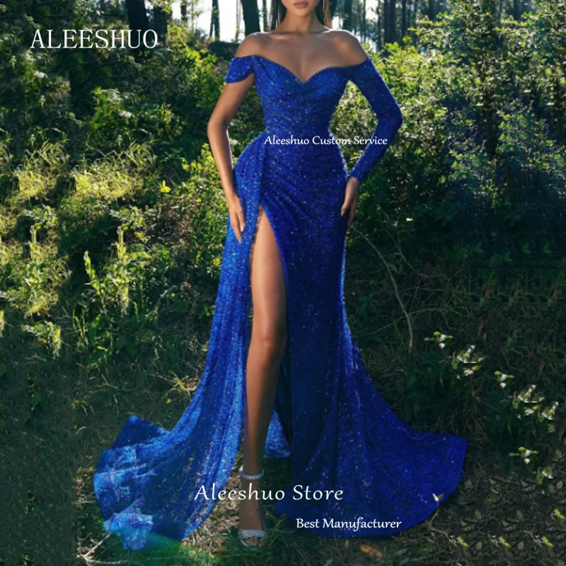 Aleeshuo-Royal Blue sem alças sereia vestidos de noite para mulheres, fora do ombro, plissado, Dubai, árabe, lantejoulas, vestidos formais de baile