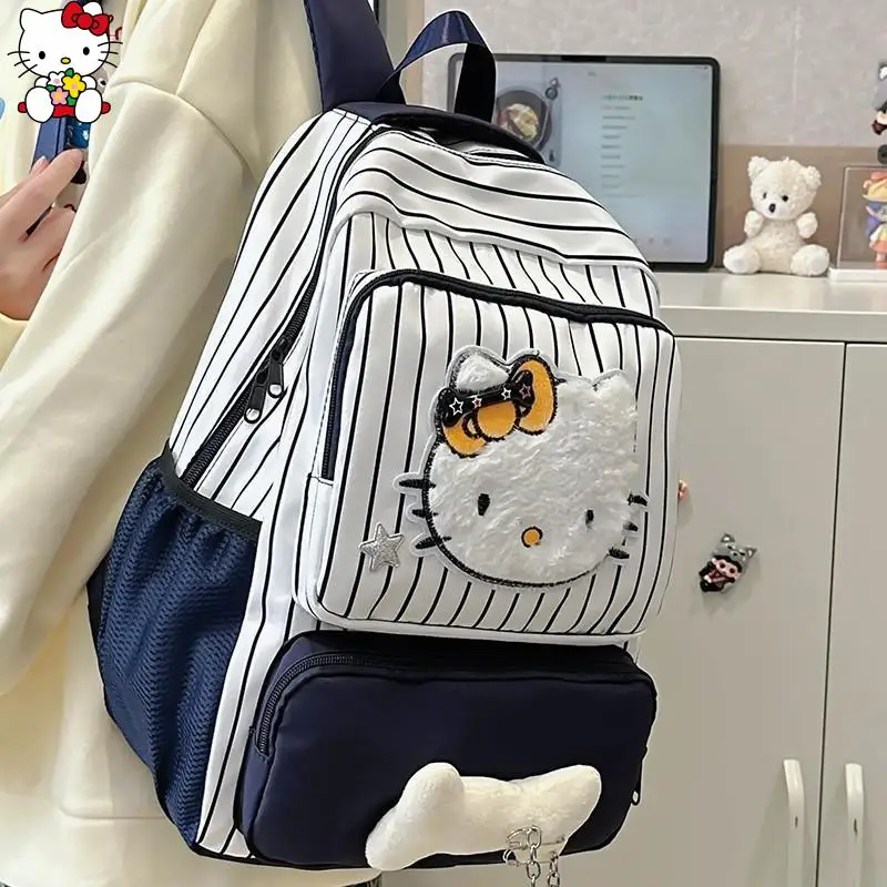 

Sanrio Girls Anime Backpack Hello Kitty New Kawaii Cartoon Retro Striped Student Spine Protection Casual Backpack Comfortable