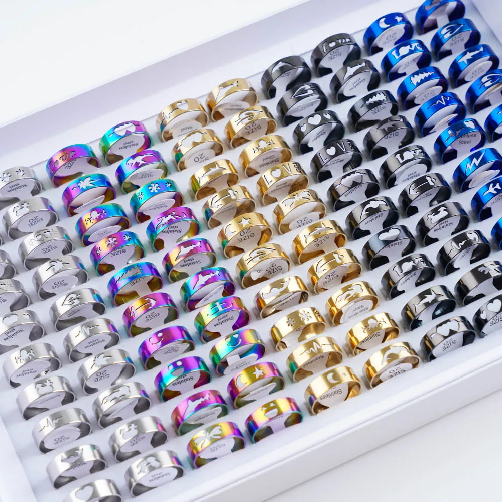 20 unids/lote de anillos huecos simples de acero inoxidable para mujeres y hombres, moda Punk con forma de amor, regalos de fiesta, joyería, estilo mixto