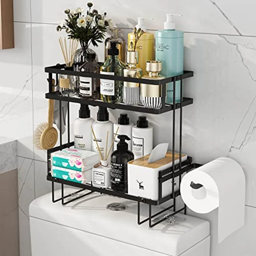 Bathroom Organizers 2-Tier Over Toilet Storage Floating Shelves with 2 Hooks and Paper Holder Wall Mounted Shelf Furniture Cool