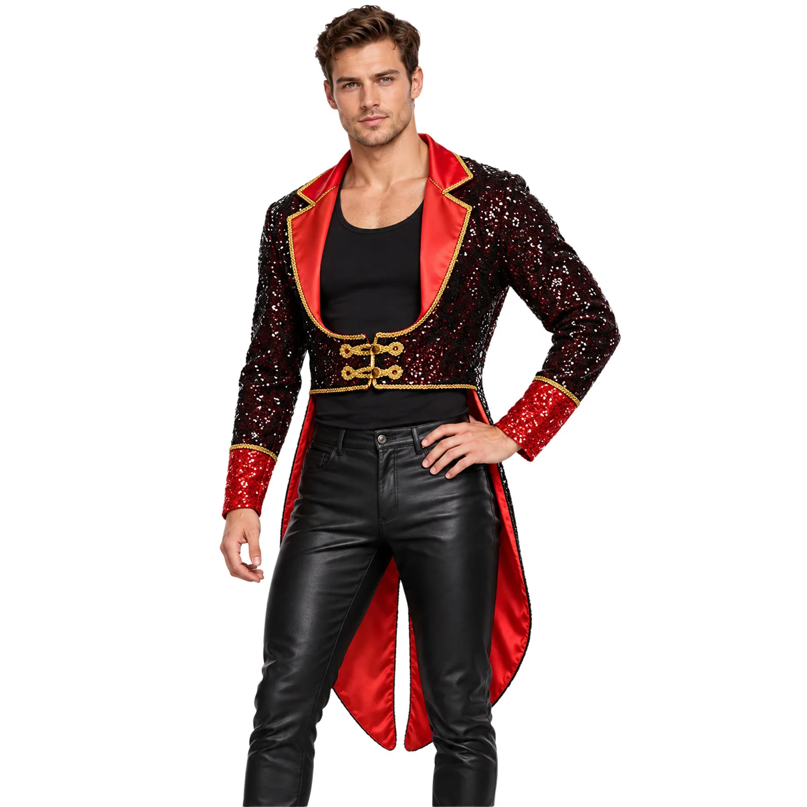 Men Women Circus Ringmaster Magician Cosplay Performance Costume Long Sleeve Shiny Sequin Tailcoat Jacket for Halloween Carnival