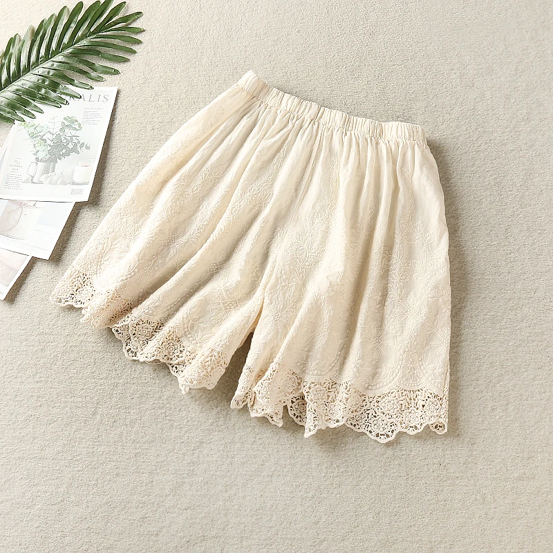 Summer Sweet Lolita Lace Embroidery Hollow Out Cotton Shorts Women Mori Girl Solid Color Elastic Waist Casual Loose Safety Pants