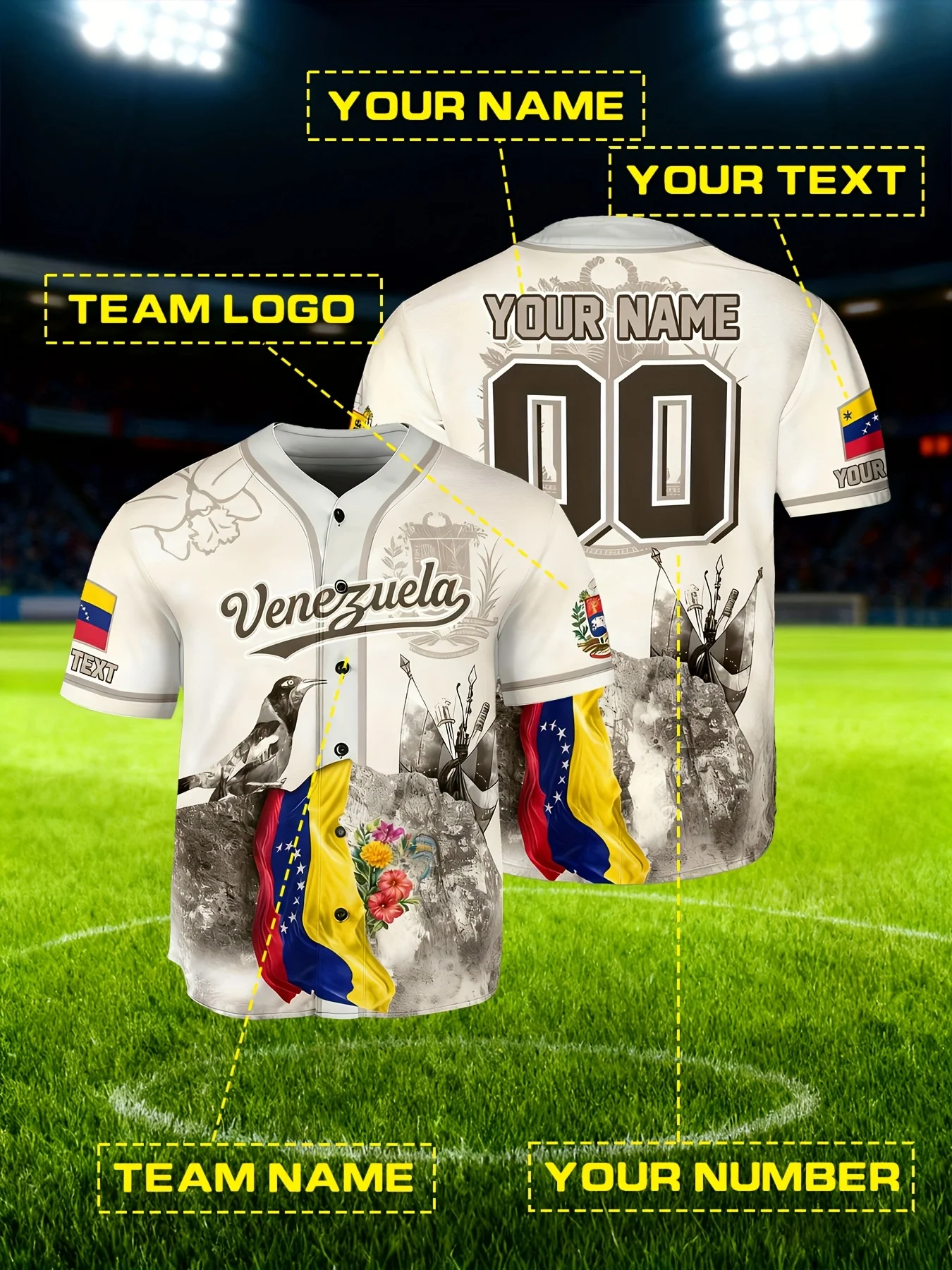 Personalized DIY Venezuelan Baseball Jersey with Fusion of National Flag And Cultural Elements, Customizable Name, Number