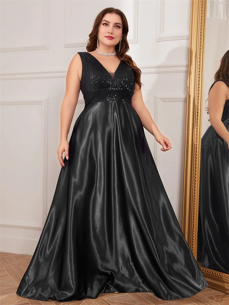 XUIBOL Plus Size Elegant Sequins Evening Dress For Women 2024 Deep V-neck Satin Prom Party Black Dress Floor Length Formal Gowns